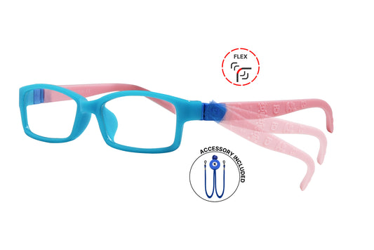 Side view of eyeglasses featuring flexible temples and included accessory for comfort and convenience.