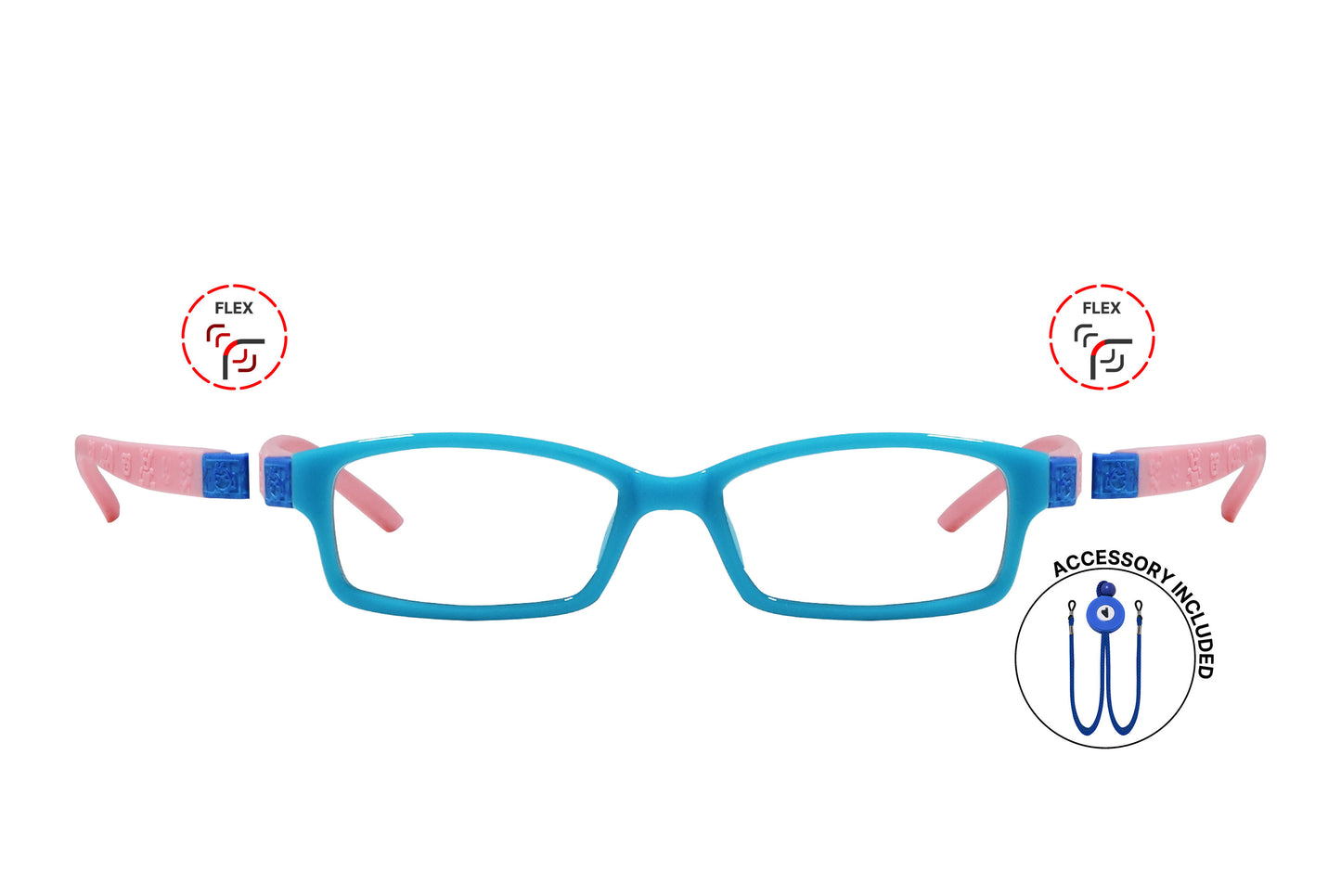 Front view of eyeglasses featuring flexible temples and included accessory for comfort and convenience.