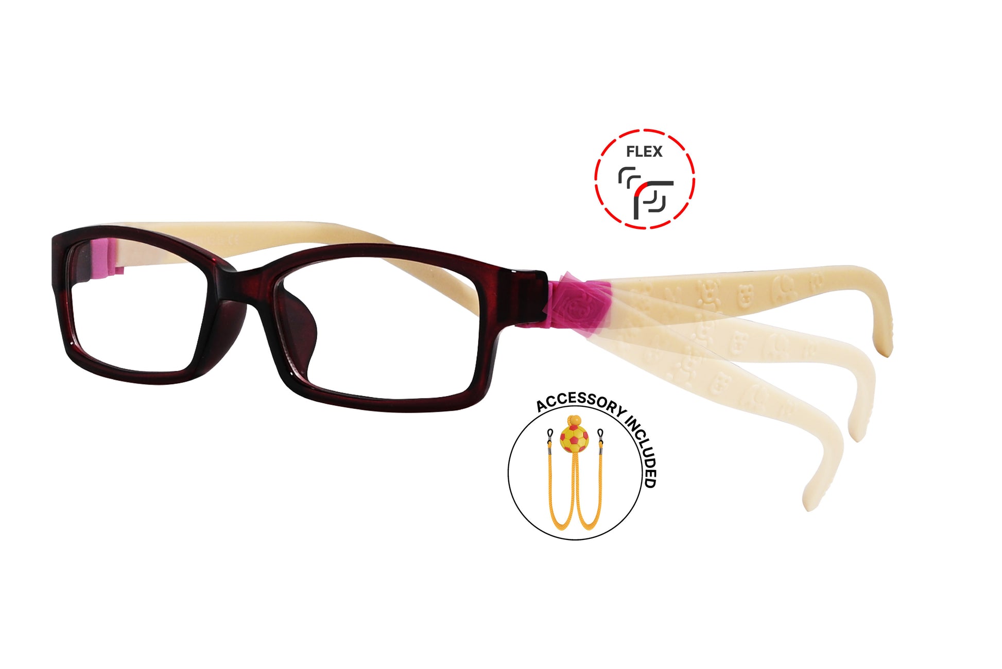 Side view of eyeglasses featuring flexible temples and included accessory for comfort and convenience.