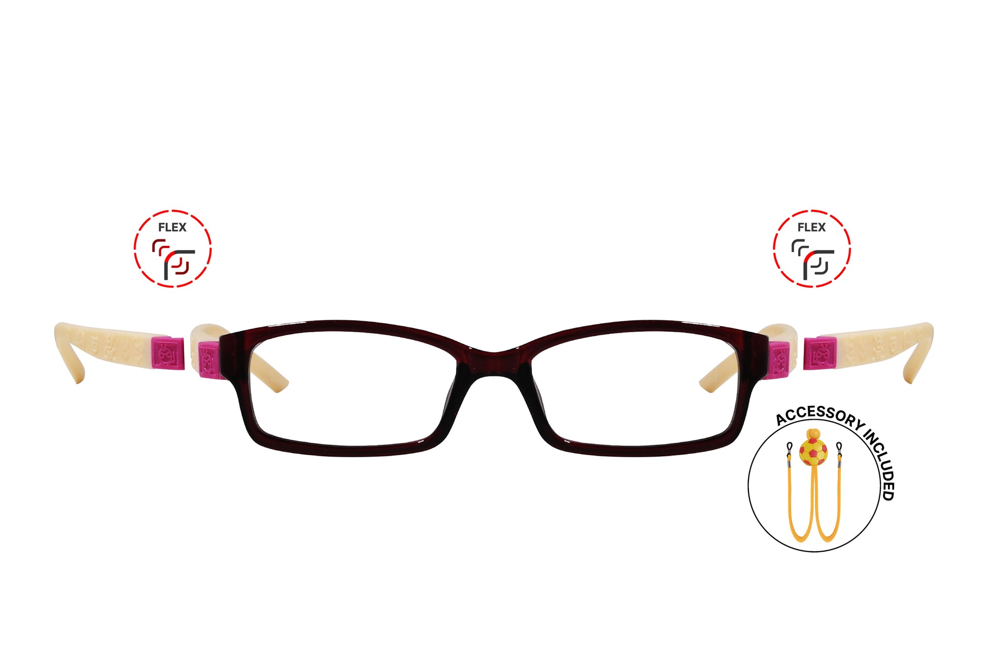 Front view of eyeglasses featuring flexible temples and included accessory for comfort and convenience.