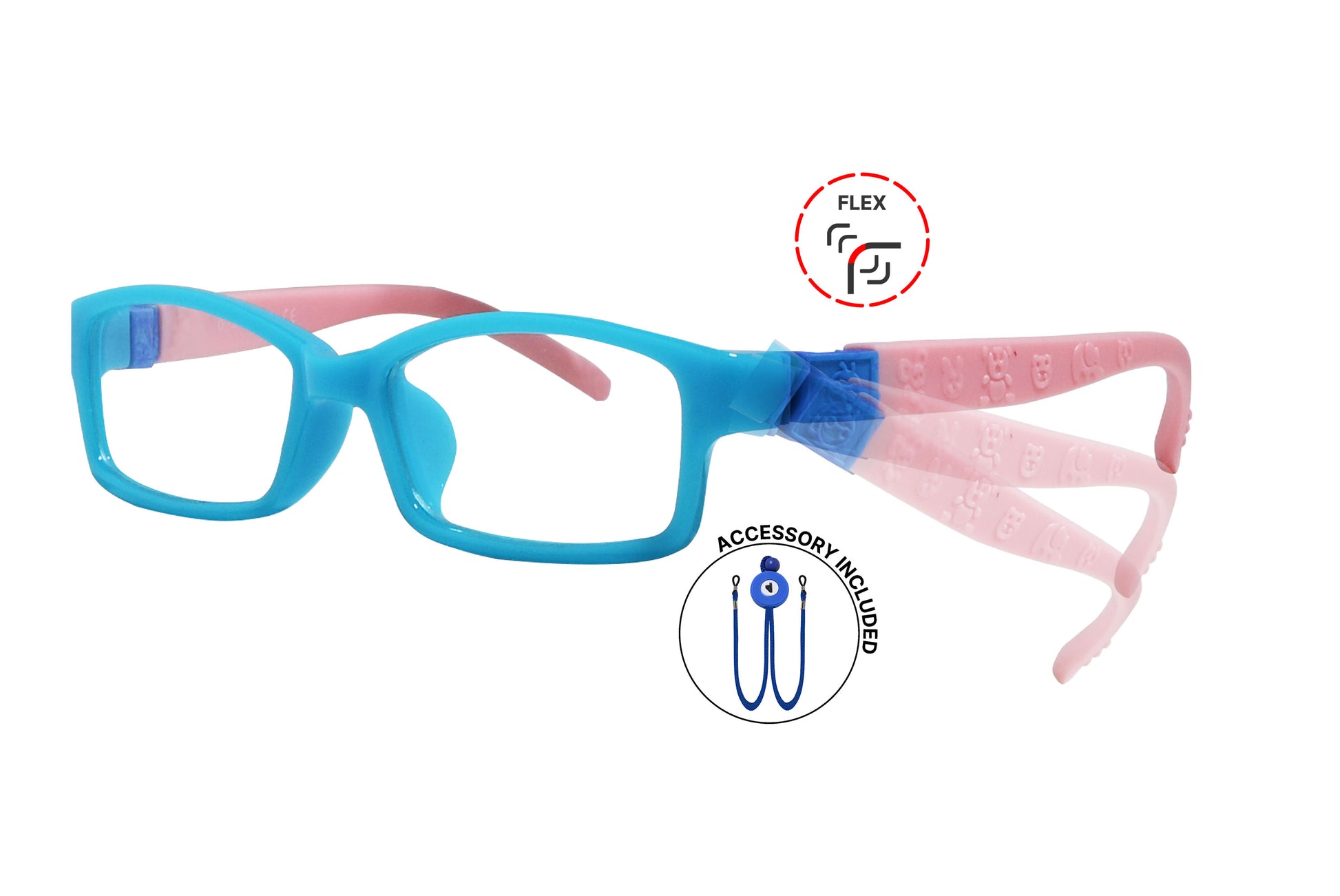 Side view of eyeglasses featuring flexible temples and included accessory for comfort and convenience.