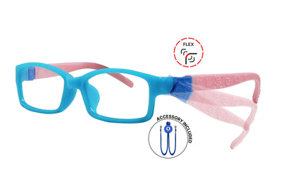 Side view of eyeglasses featuring flexible temples and included accessory for comfort and convenience.