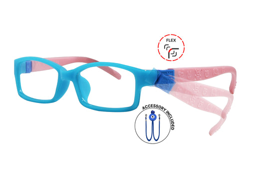 Side view of eyeglasses featuring flexible temples and included accessory for comfort and convenience.