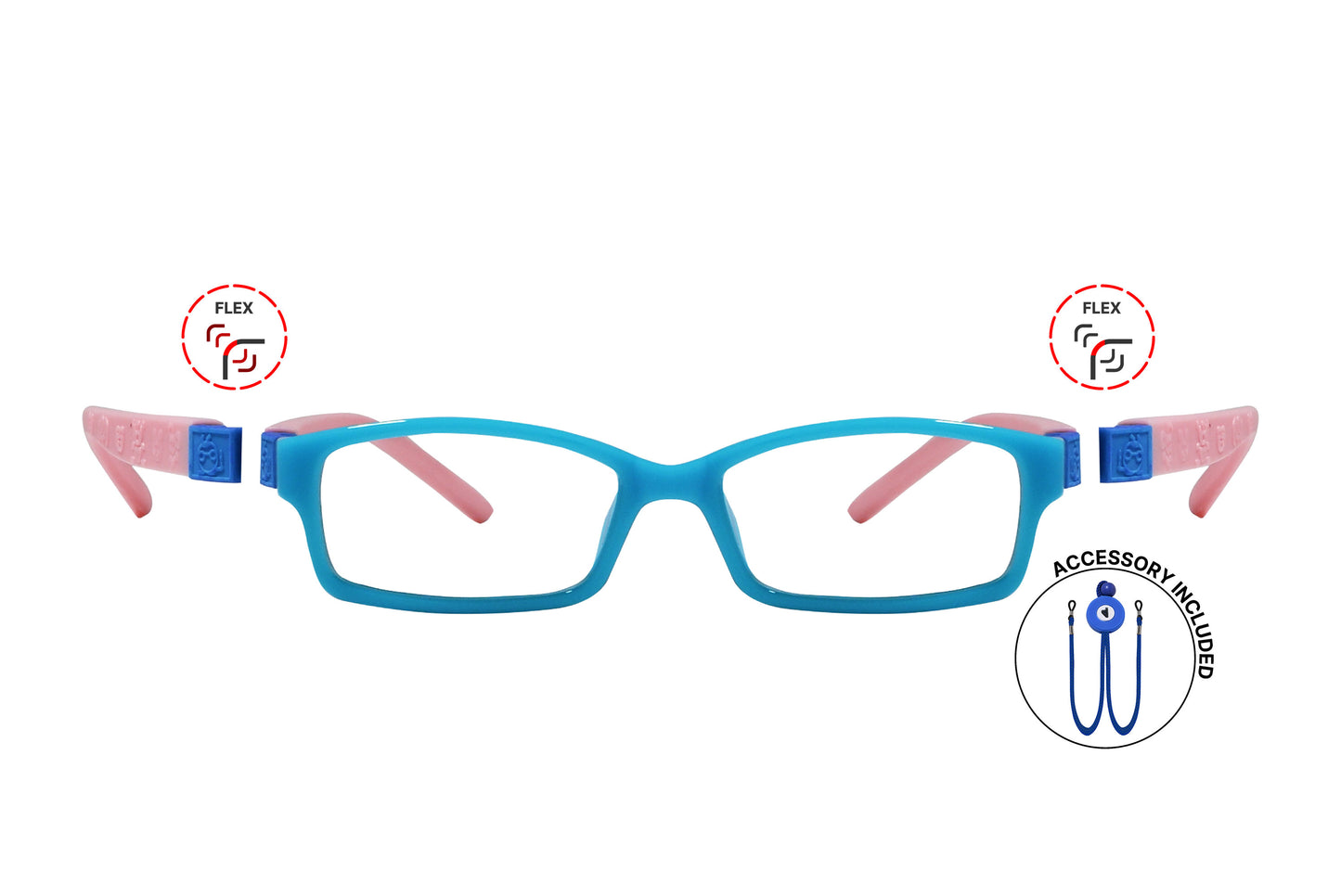 Front view of eyeglasses featuring flexible temples and included accessory for comfort and convenience.