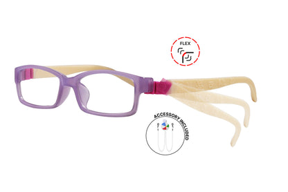 Side view of eyeglasses featuring flexible temples and included accessory for comfort and convenience.