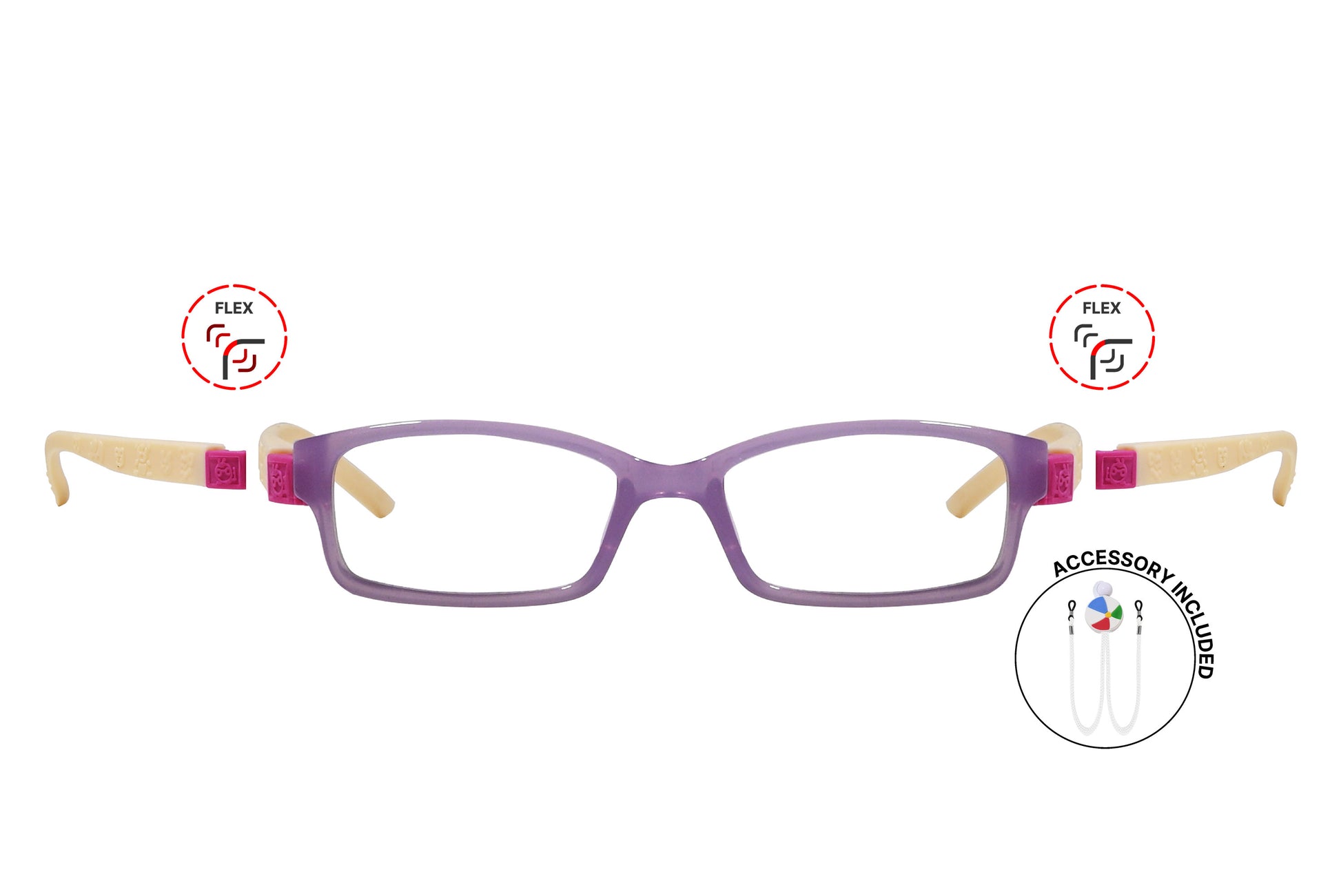 Front view of eyeglasses featuring flexible temples and included accessory for comfort and convenience.