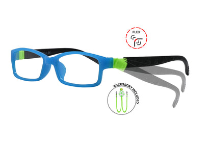 Side view of eyeglasses featuring flexible temples and included accessory for comfort and convenience.