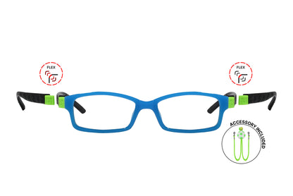 Front view of eyeglasses featuring flexible temples and included accessory for comfort and convenience.