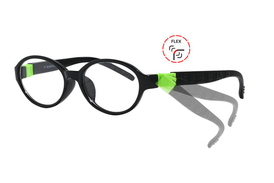 Side view of eyeglasses featuring flexible temples and included accessory for comfort and convenience.