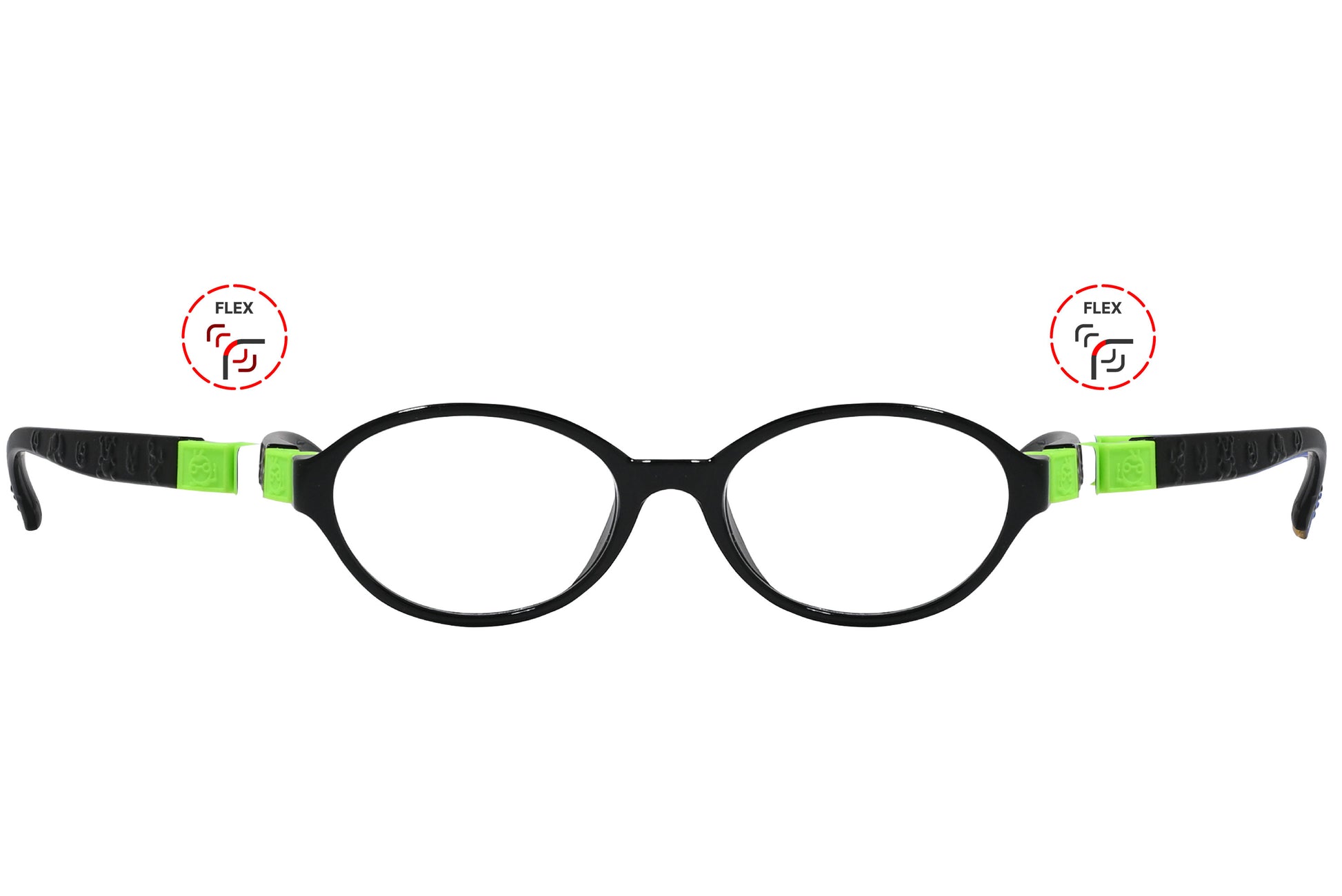 Front view of eyeglasses featuring flexible temples and included accessory for comfort and convenience.