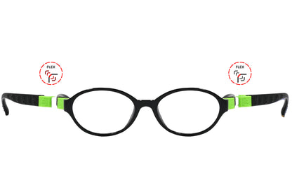 Front view of eyeglasses featuring flexible temples and included accessory for comfort and convenience.