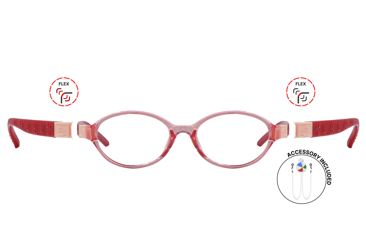 Front view of eyeglasses featuring flexible temples and included accessory for comfort and convenience.