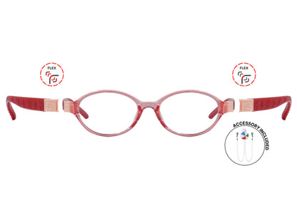 Front view of eyeglasses featuring flexible temples and included accessory for comfort and convenience.