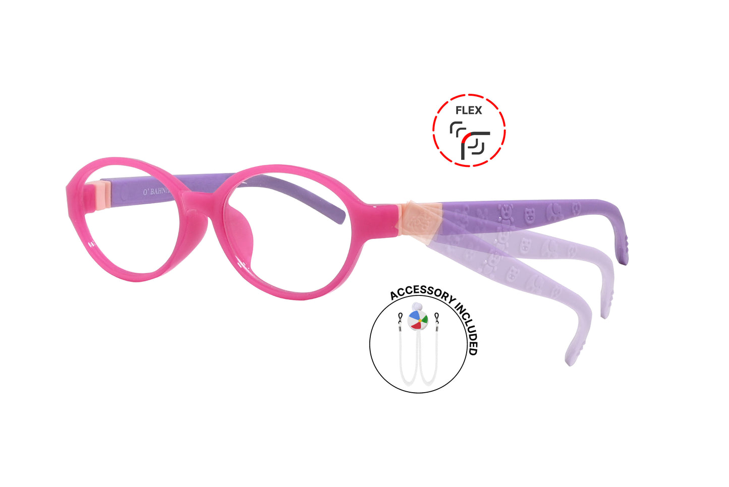 Side view of eyeglasses featuring flexible temples and included accessory for comfort and convenience.