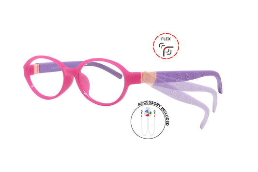 Side view of eyeglasses featuring flexible temples and included accessory for comfort and convenience.