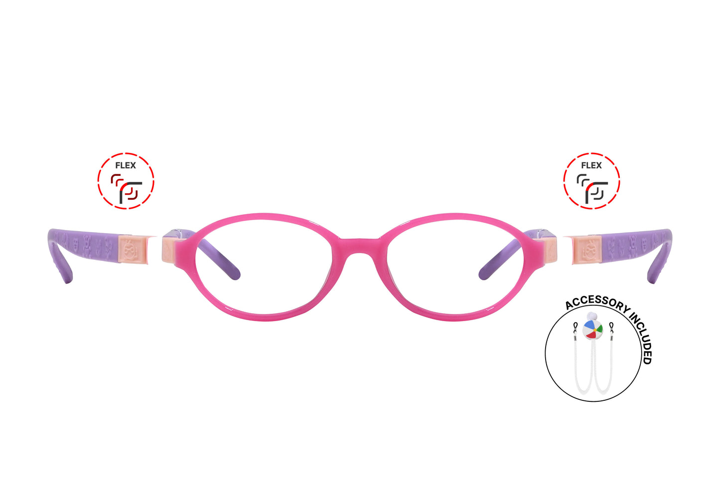 Front view of eyeglasses featuring flexible temples and included accessory for comfort and convenience.