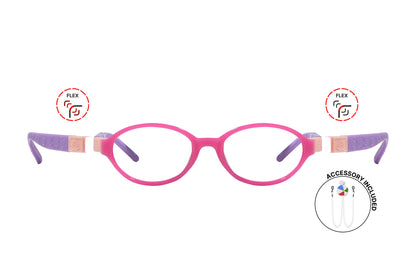 Front view of eyeglasses featuring flexible temples and included accessory for comfort and convenience.