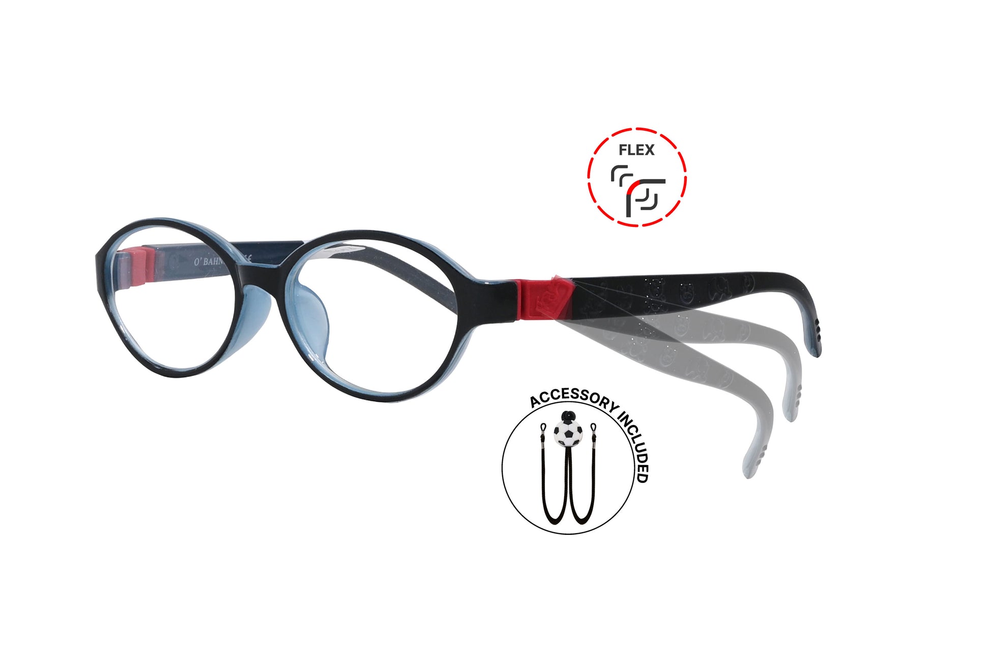 Front view of eyeglasses featuring flexible temples and included accessory for comfort and convenience.