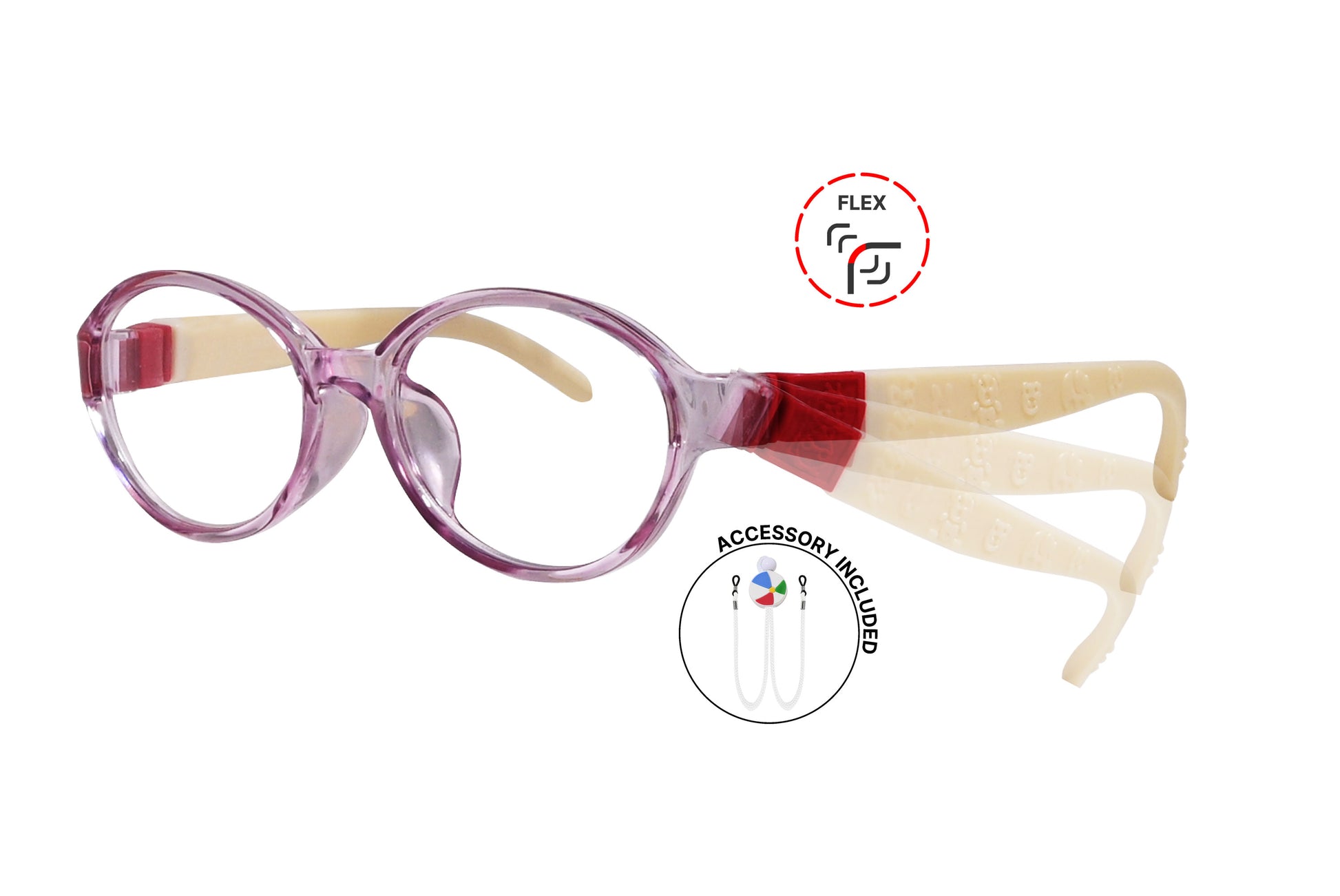 Side view of eyeglasses featuring flexible temples and included accessory for comfort and convenience.