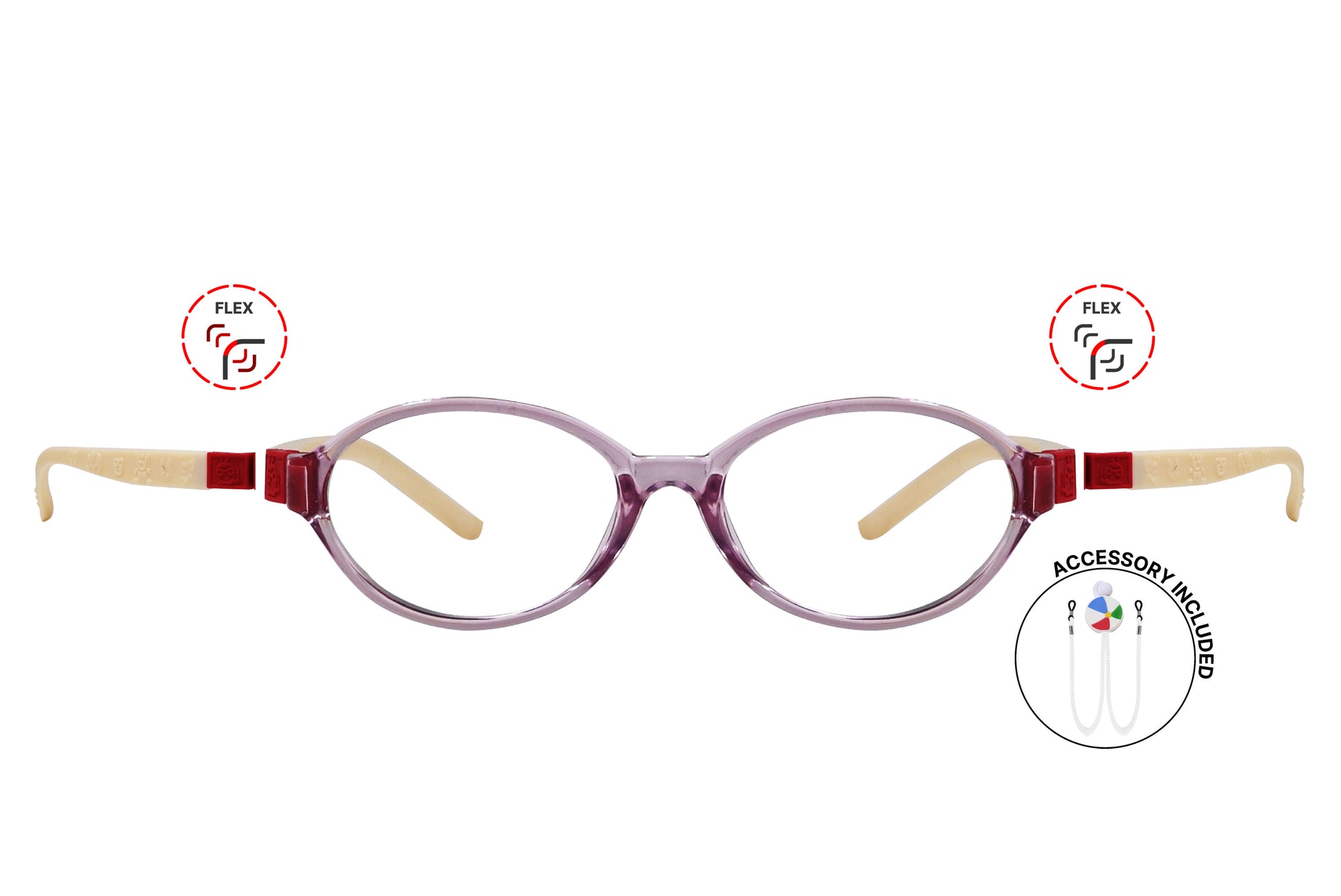 Front view of eyeglasses featuring flexible temples and included accessory for comfort and convenience.