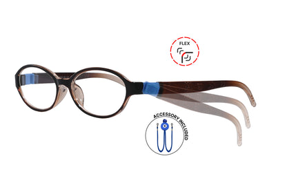 Side view of eyeglasses featuring flexible temples and included accessory for comfort and convenience.