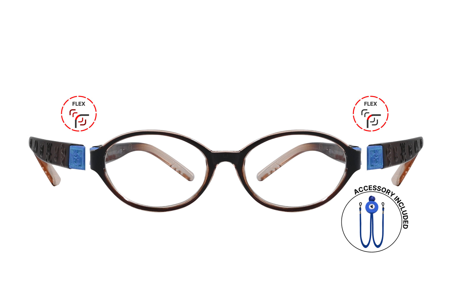 Front view of eyeglasses featuring flexible temples and included accessory for comfort and convenience.