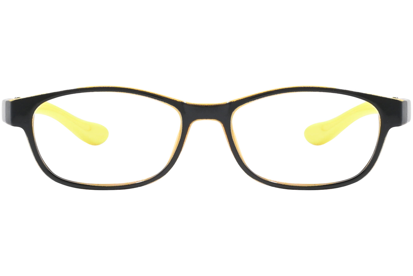 Front view of stylish eyeglasses with sleek frame design