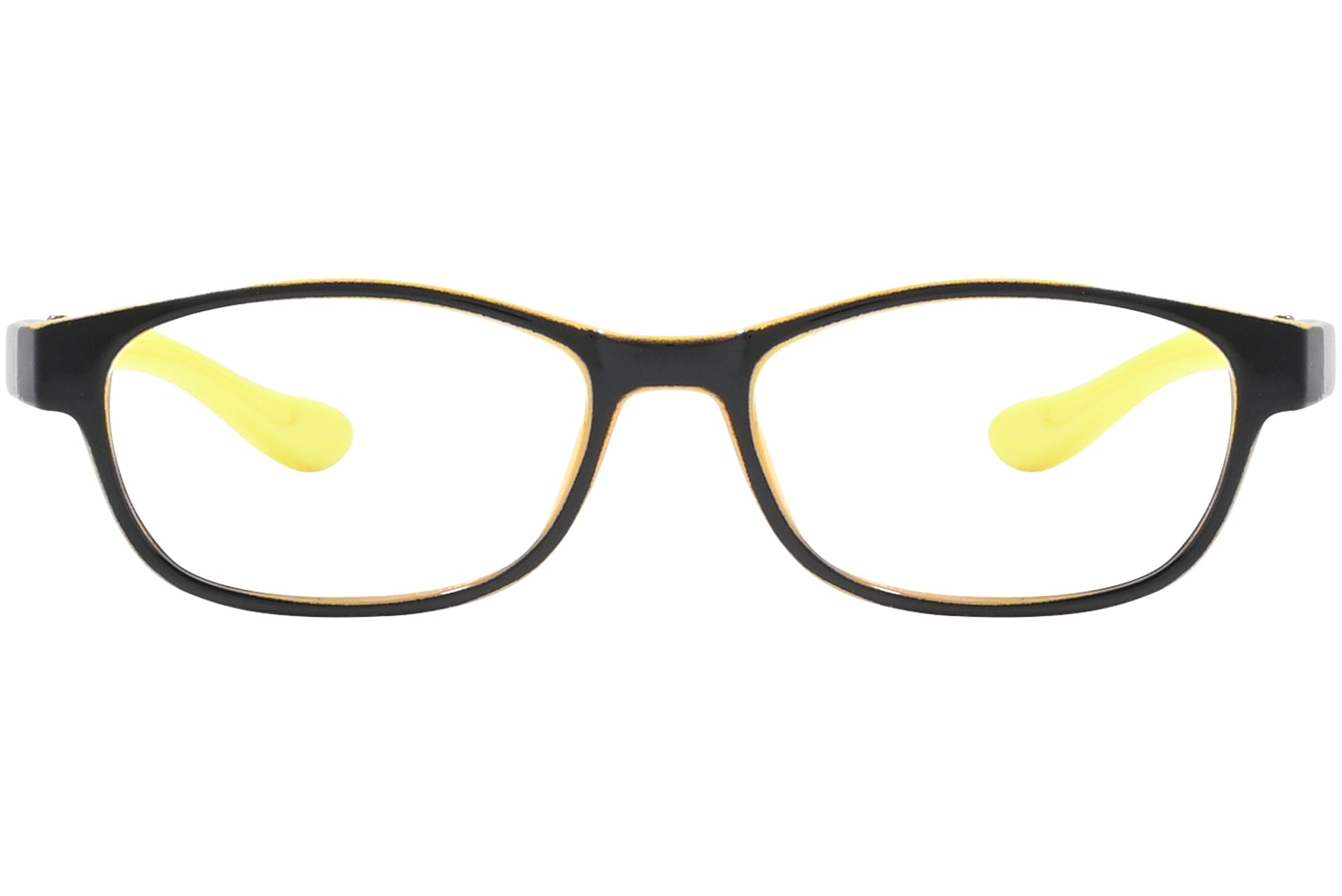 Front view of stylish eyeglasses with sleek frame design