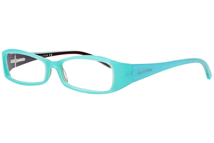 oliver rectangle turquoise blue eyeglasses frame viewed from a 45-degree angle.