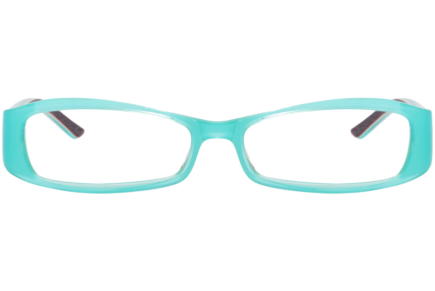 oliver rectangle turquoise blue eyeglasses frame viewed from front angle.