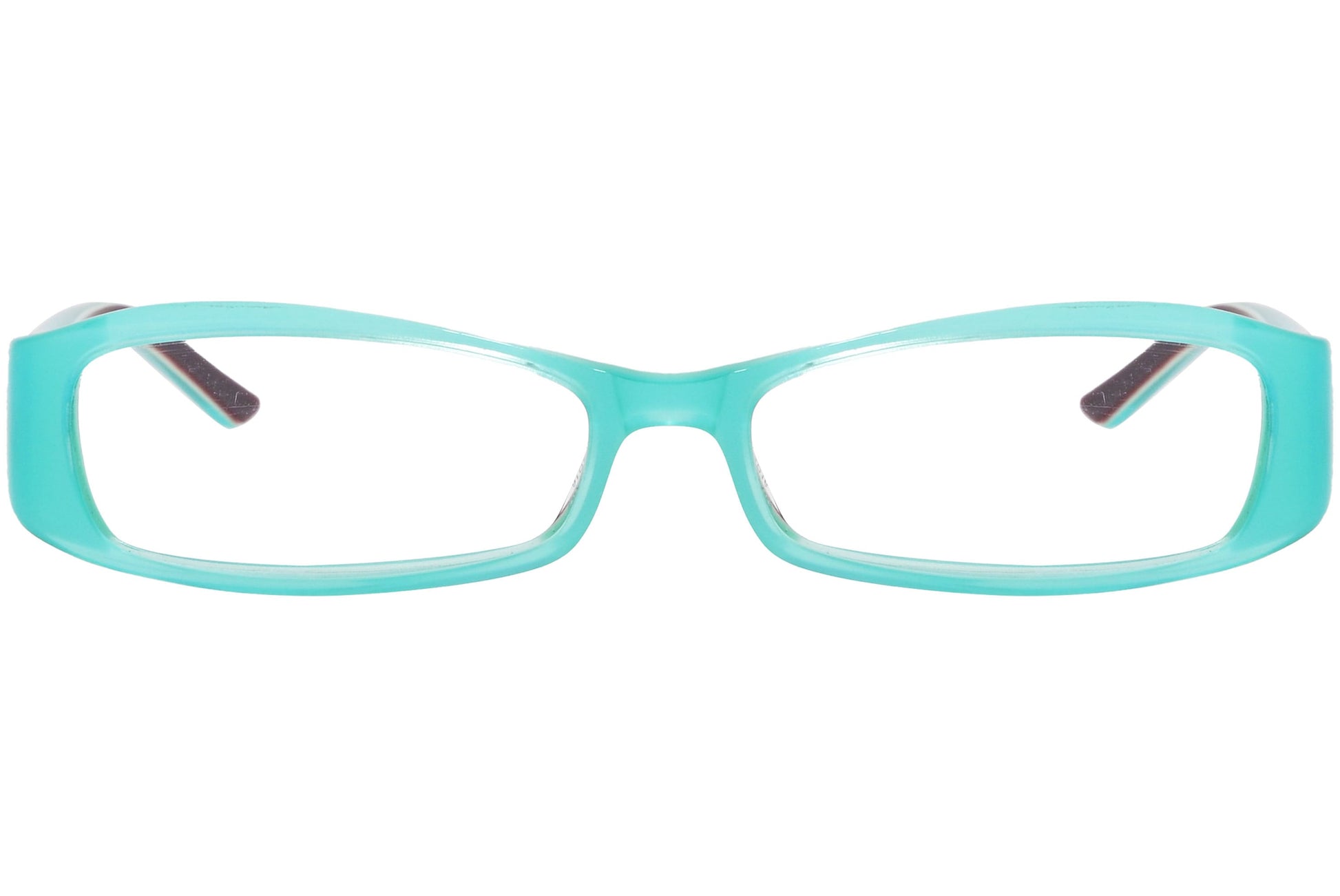 oliver rectangle turquoise blue eyeglasses frame viewed from front angle.