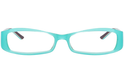 oliver rectangle turquoise blue eyeglasses frame viewed from front angle.