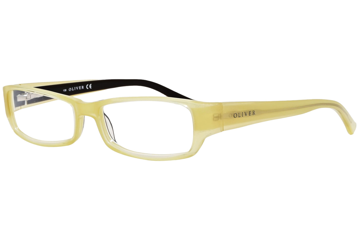 oliver rectangle yellow sand eyeglasses frame viewed from a 45-degree angle.