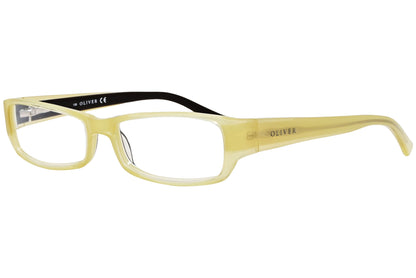 oliver rectangle yellow sand eyeglasses frame viewed from a 45-degree angle.