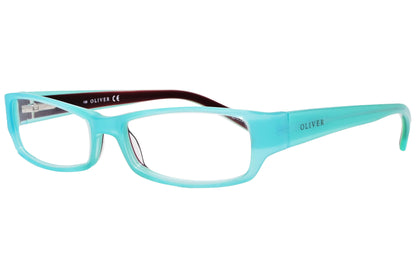 oliver rectangle turquoise blue eyeglasses frame viewed from a 45-degree angle.