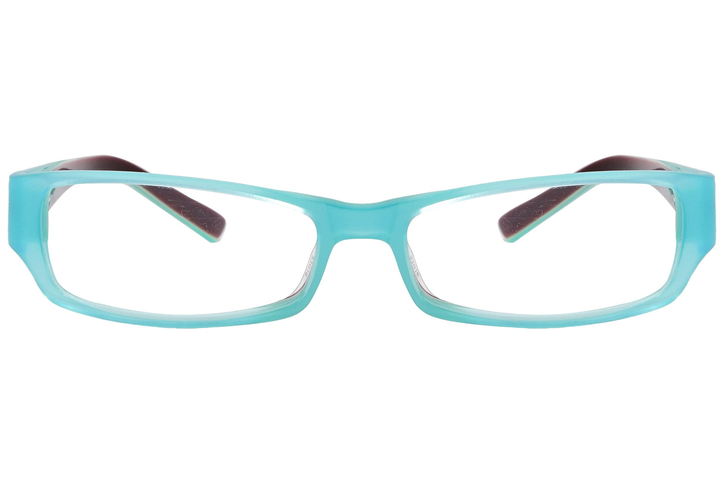 oliver rectangle turquoise blue eyeglasses frame viewed from front angle.