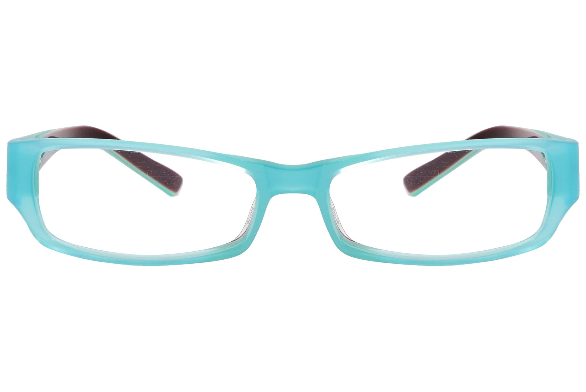 oliver rectangle turquoise blue eyeglasses frame viewed from front angle.