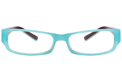 oliver rectangle turquoise blue eyeglasses frame viewed from front angle.