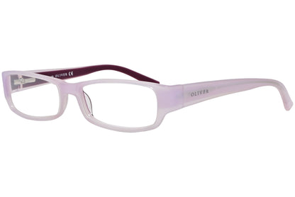 oliver rectangle light purple eyeglasses frame viewed from a 45-degree angle.