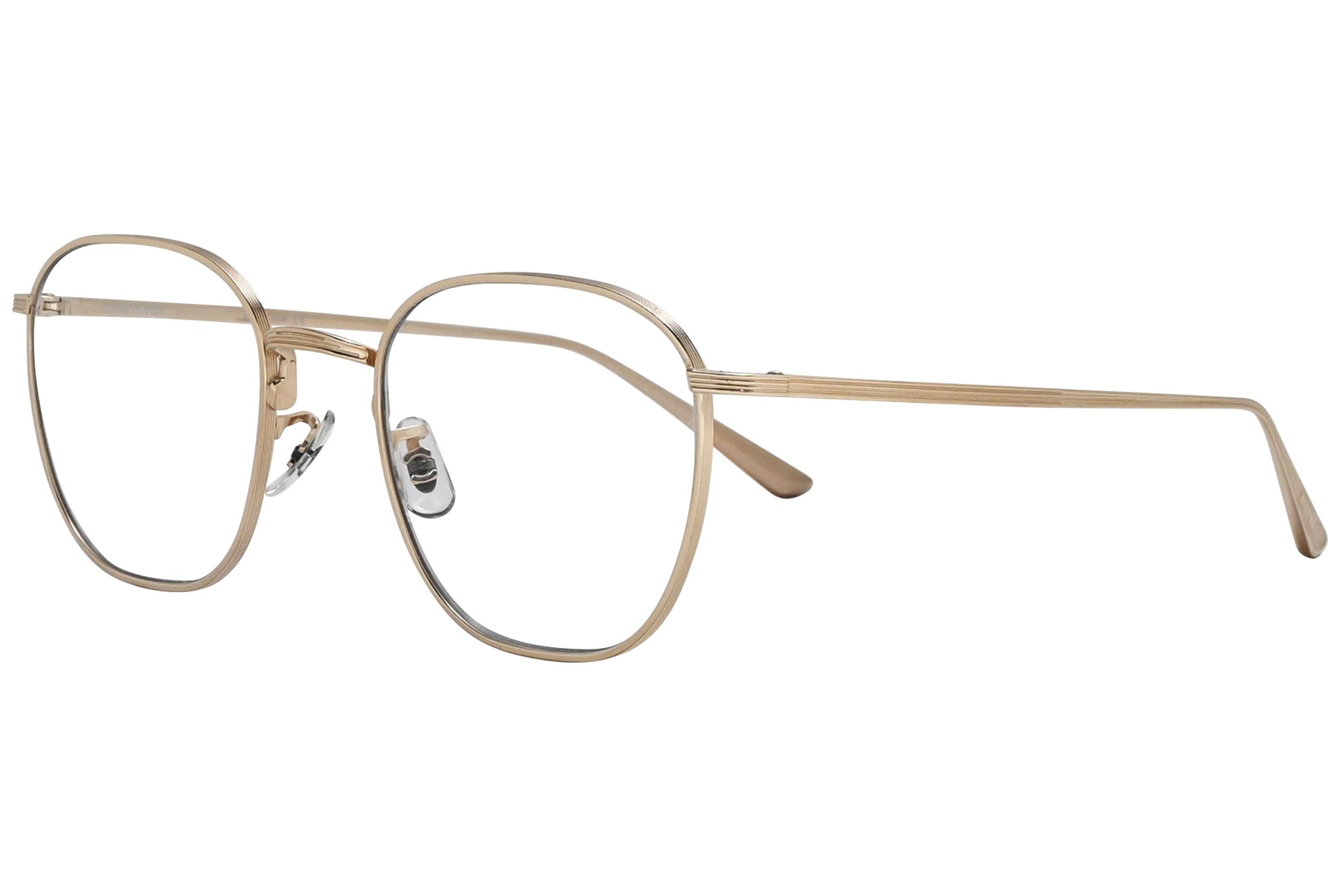 oliver peoples board meeting 2 gold eyeglasses frame viewed from a 45-degree angle.