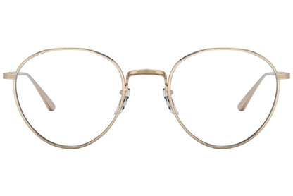 oliver peoples brownstone 2 gold eyeglasses frame viewed from front.