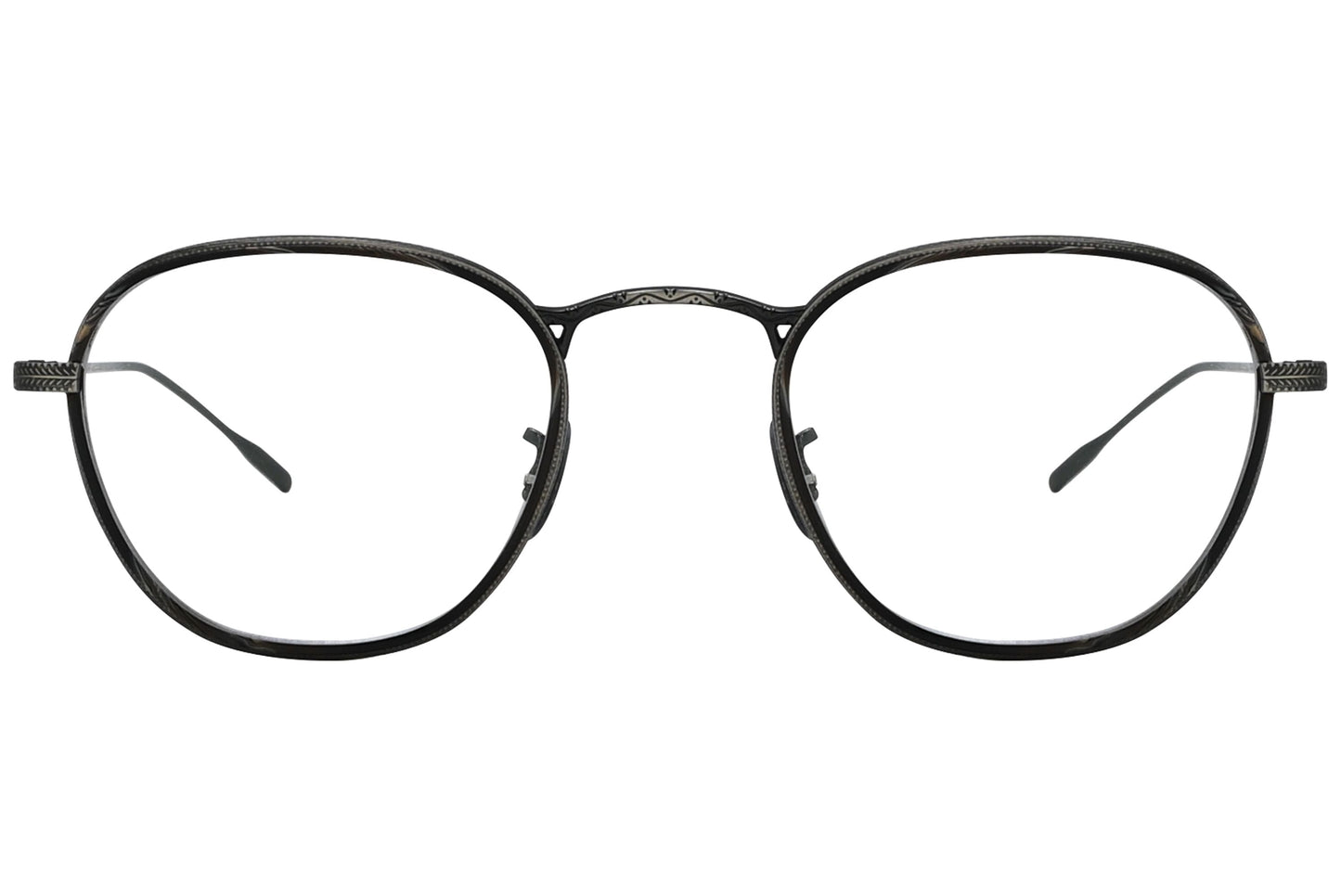 oliver peoples eoin black eyeglasses frame viewed from front.