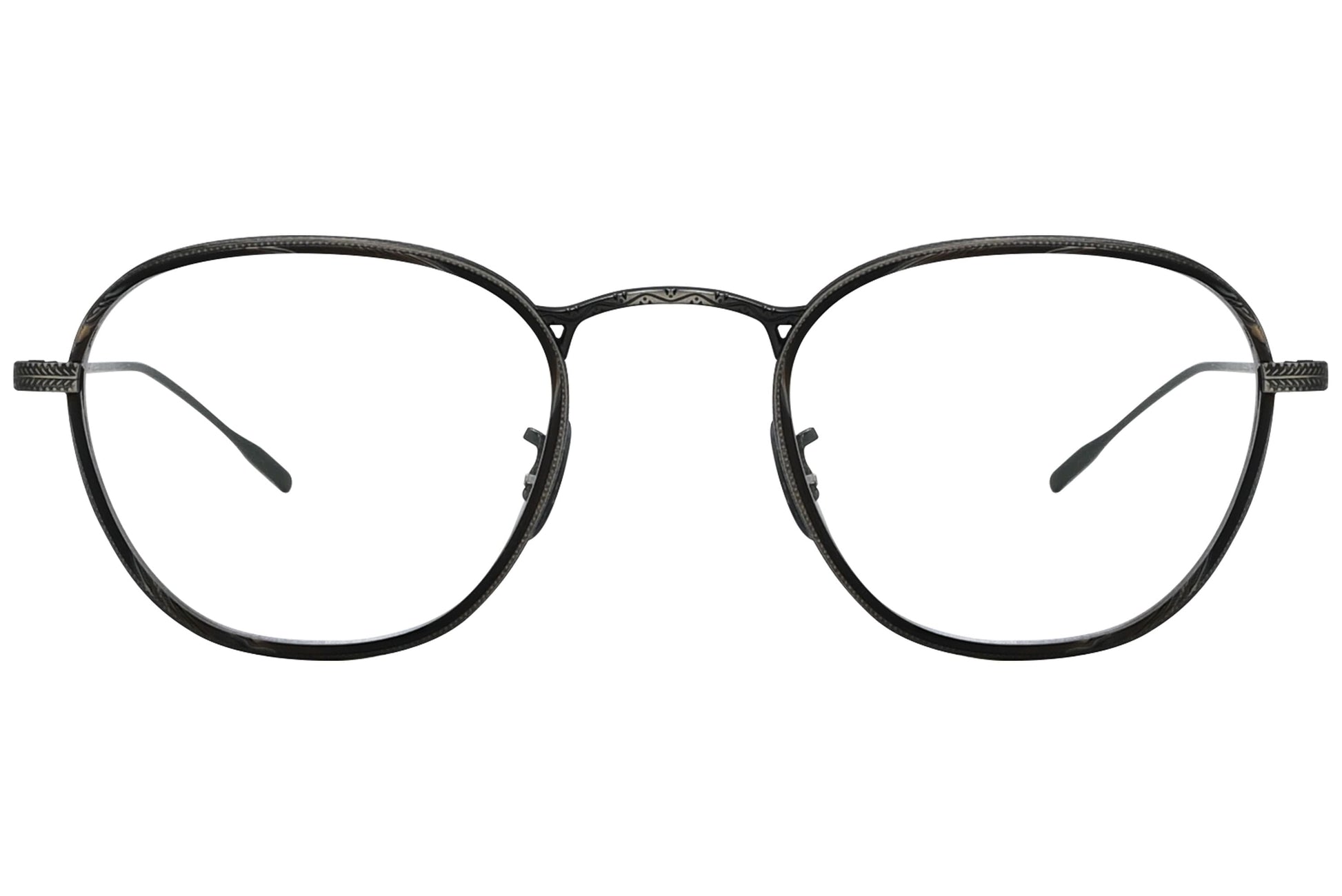 oliver peoples eoin black eyeglasses frame viewed from front.