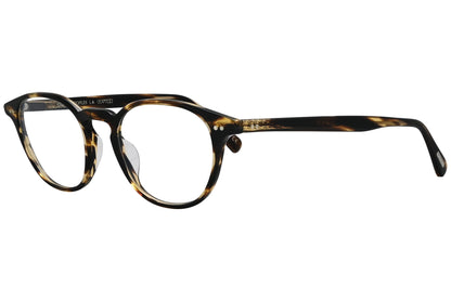 oliver peoples emerson tortoise eyeglasses frame viewed from a 45-degree angle.