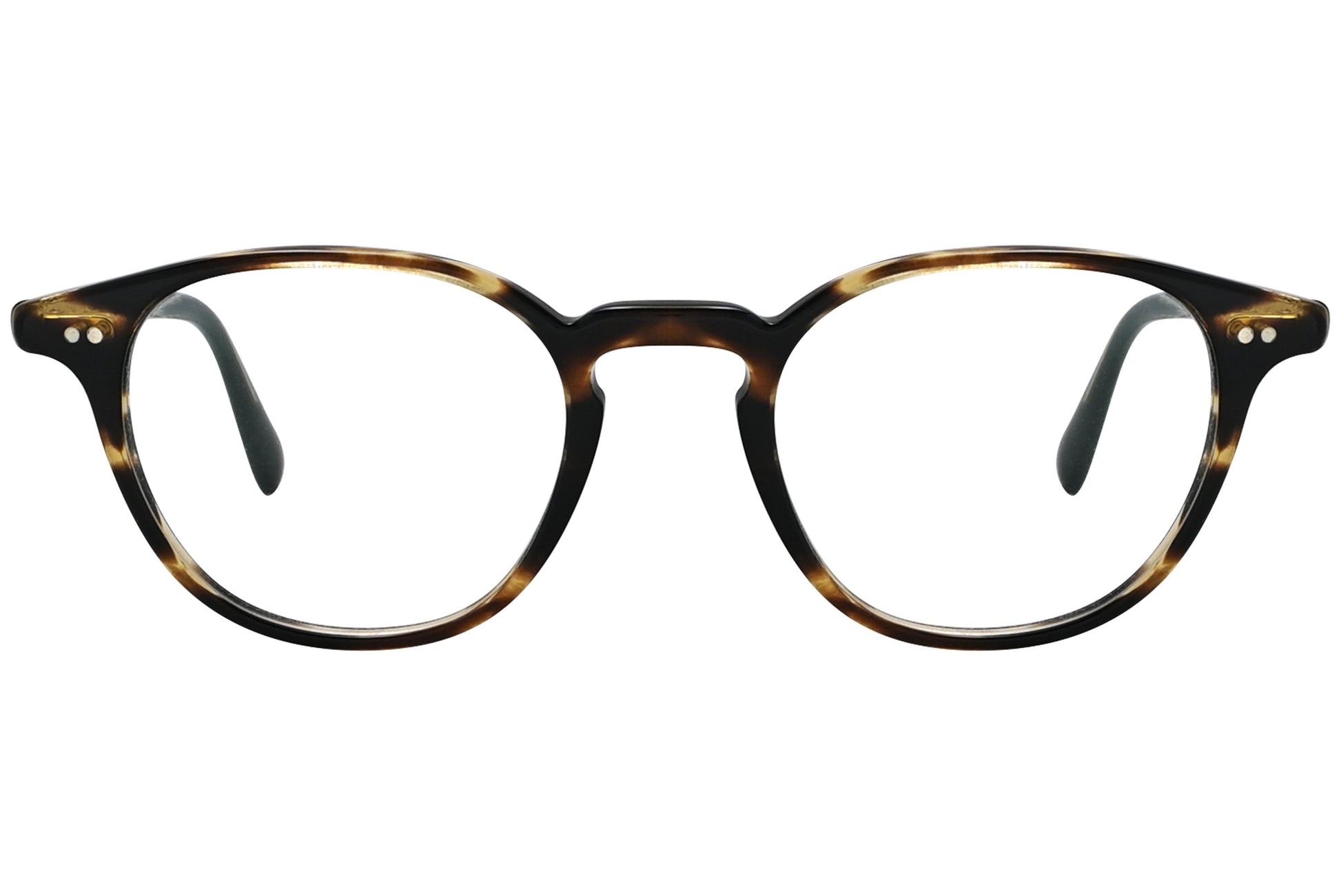 oliver peoples emerson tortoise eyeglasses frame viewed from front.