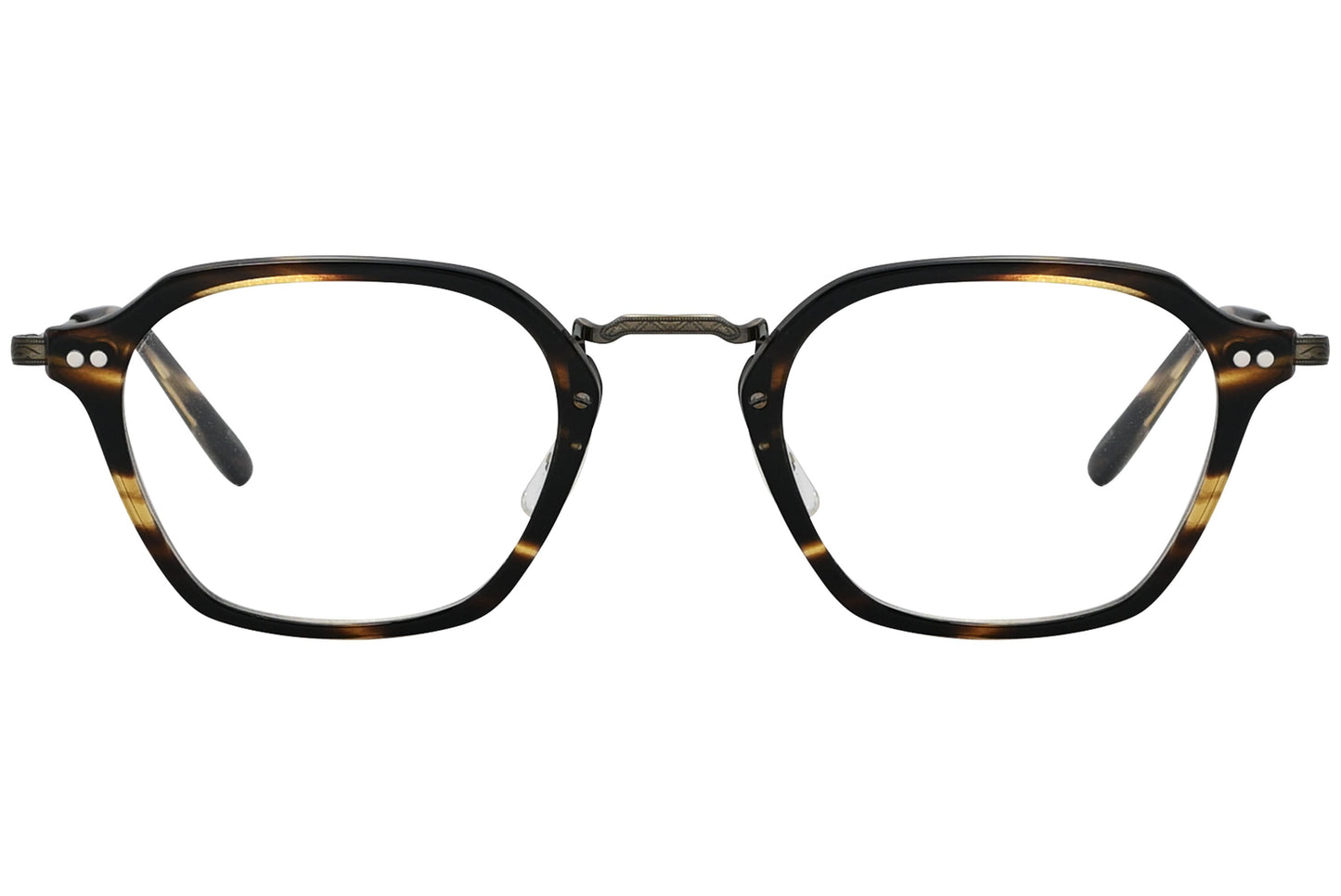 oliver peoples hilden tortoise eyeglasses frame viewed from front.