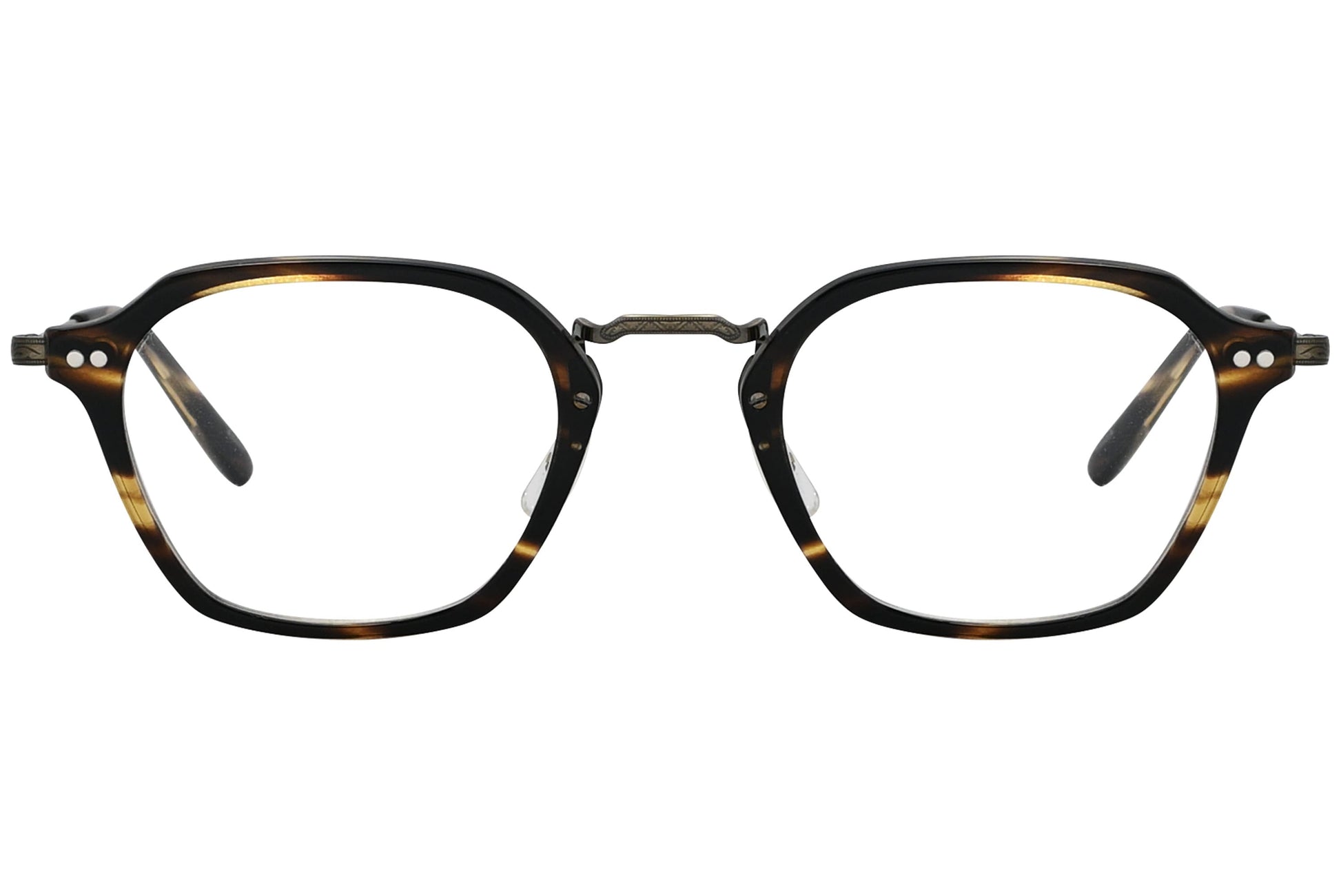 oliver peoples hilden tortoise eyeglasses frame viewed from front.