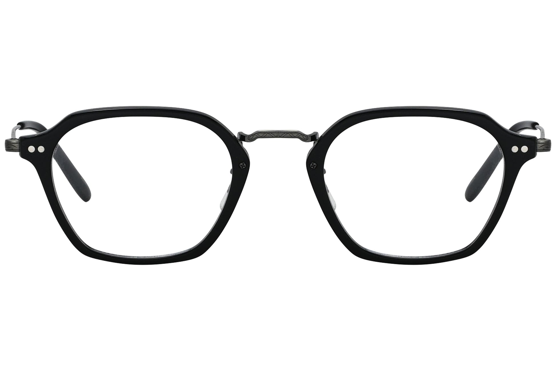 oliver peoples hilden black eyeglasses frame viewed from front.