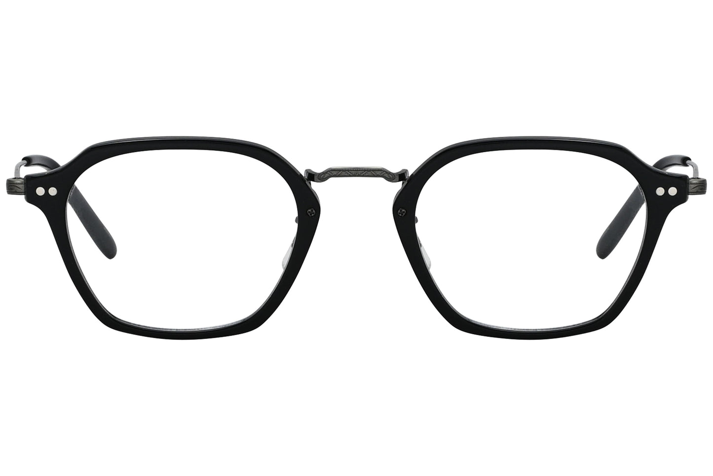 oliver peoples hilden black eyeglasses frame viewed from front.