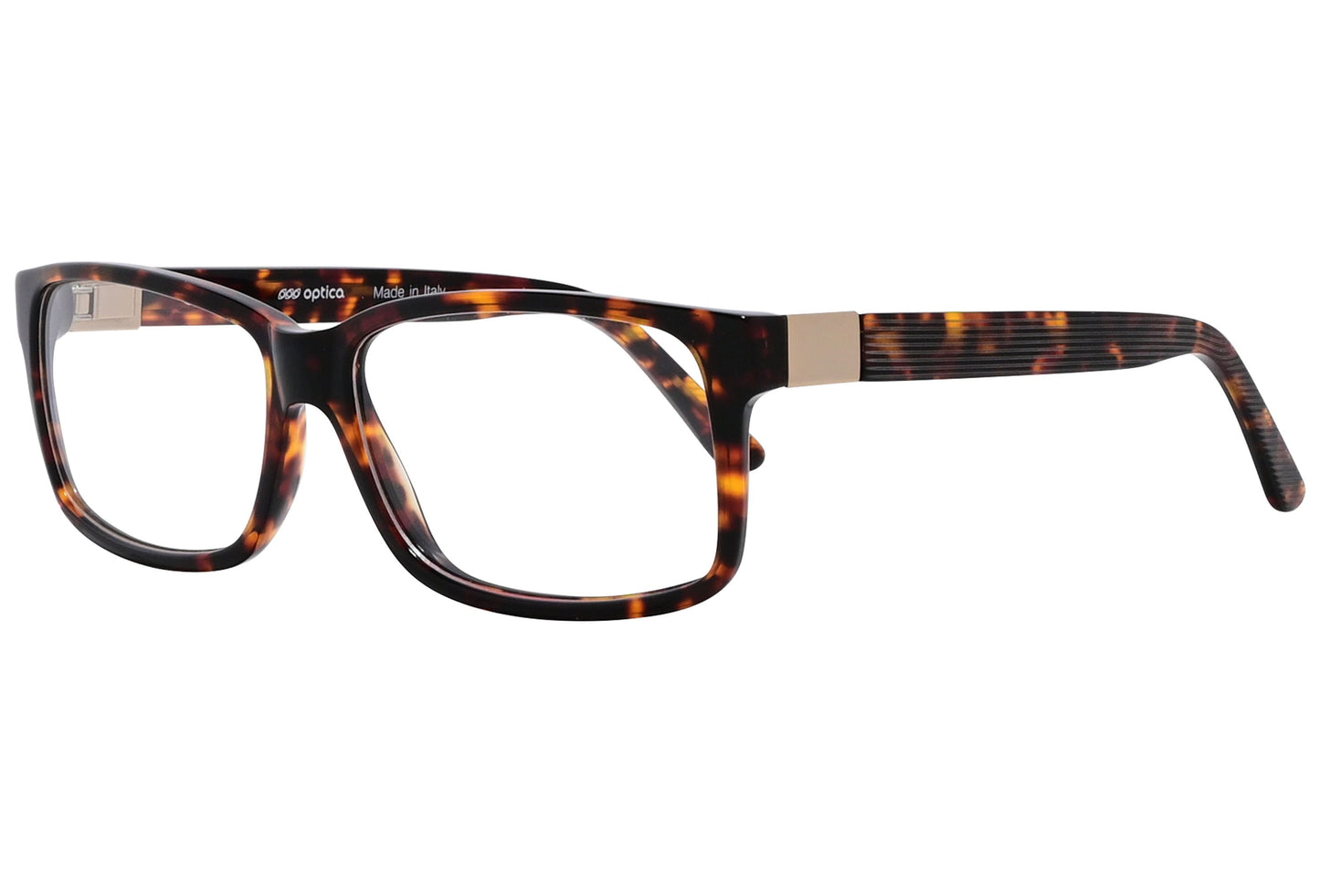 optica wayfarer tortoise eyeglasses frame viewed from a 45-degree angle.